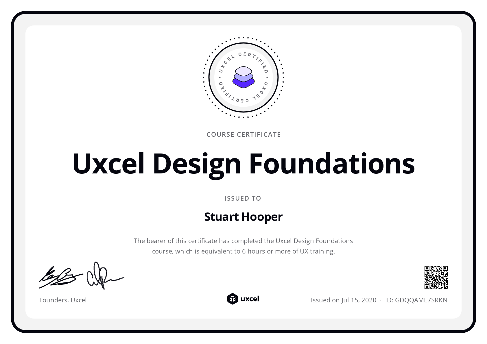 Stuart Hooper's certificate